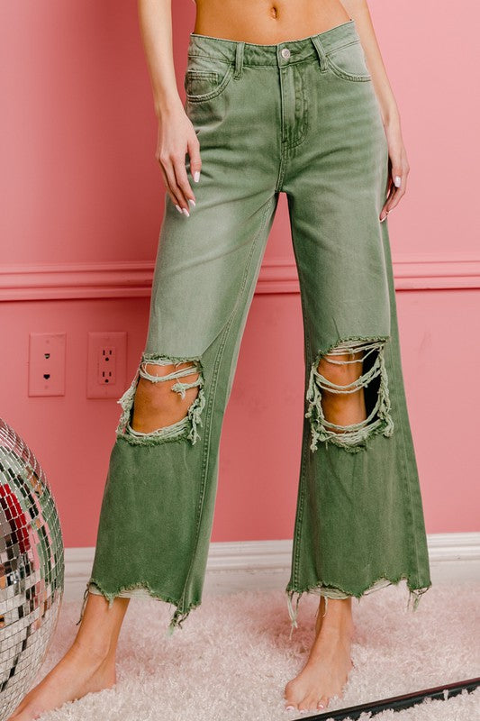 Brea - Distressed Vintage Washed Wide Leg Pants