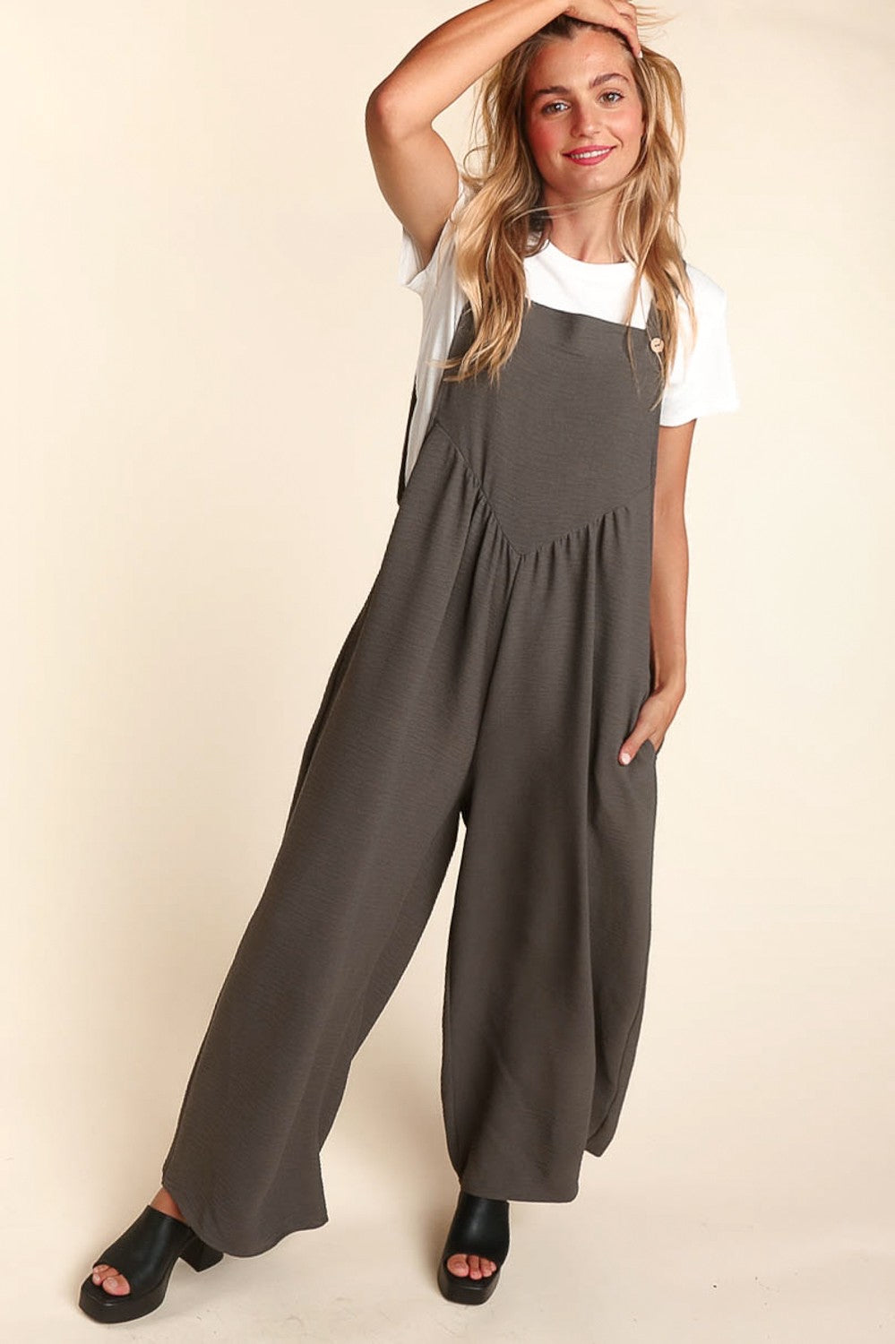 Spencer - Gray Wide Leg Jumpsuit with Suspenders