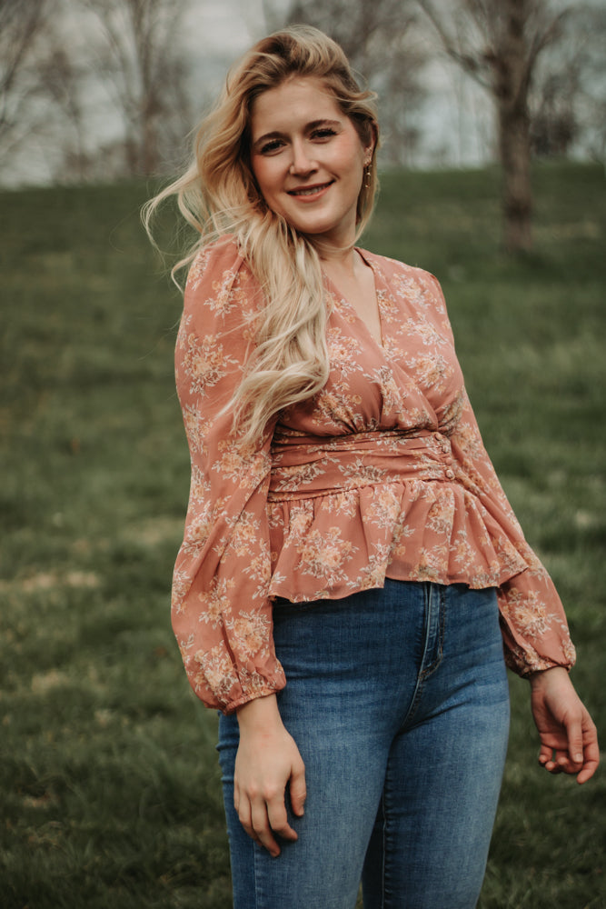 Brianna - Dusty Rose Floral Long Sleeve Babydoll Top