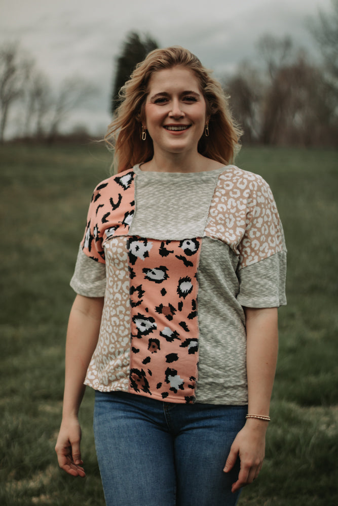 Piper - Pink and Leopard Patch Color Block Knit Top