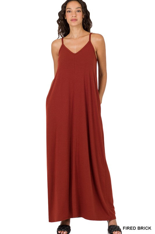 Jasmine - V-Neck Cami Maxi Dress with Side Pockets