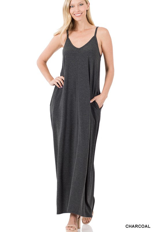 Jasmine - V-Neck Cami Maxi Dress with Side Pockets