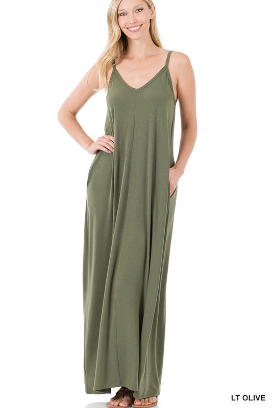 Jasmine - V-Neck Cami Maxi Dress with Side Pockets