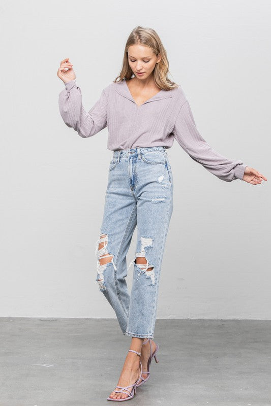 Denim Lab USA - High Rise Ripped Girlfriend Jeans