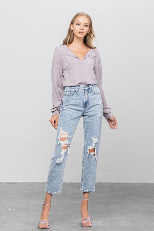 Denim Lab USA - High Rise Ripped Girlfriend Jeans