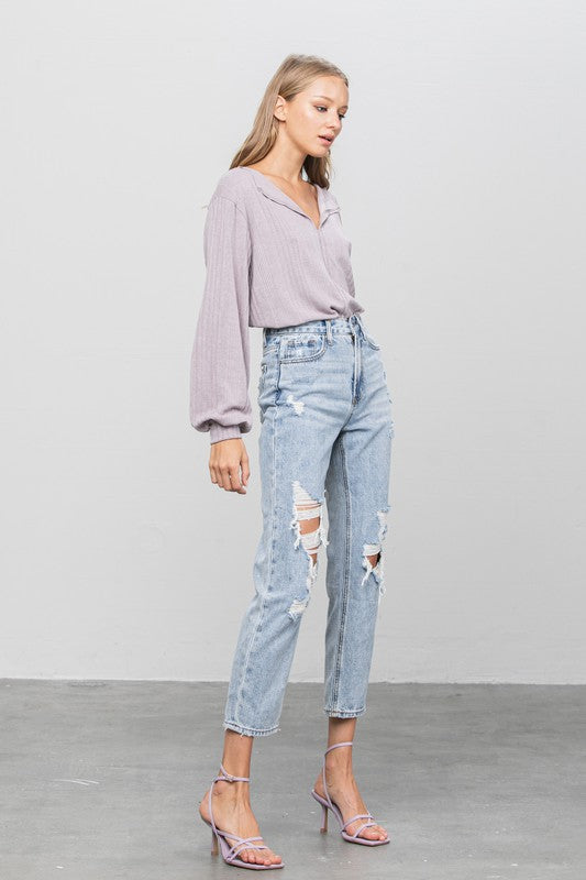 Denim Lab USA - High Rise Ripped Girlfriend Jeans