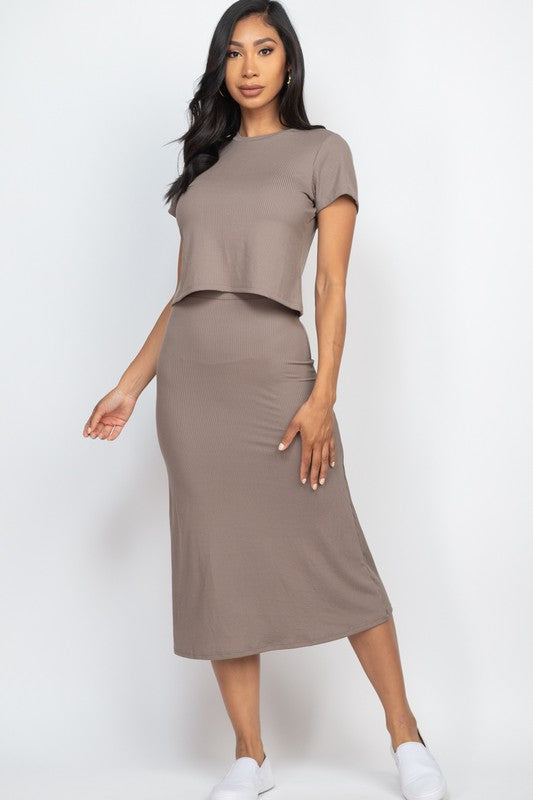 Kaitlyn - Ribbed Solid Top & Midi Skirt Set