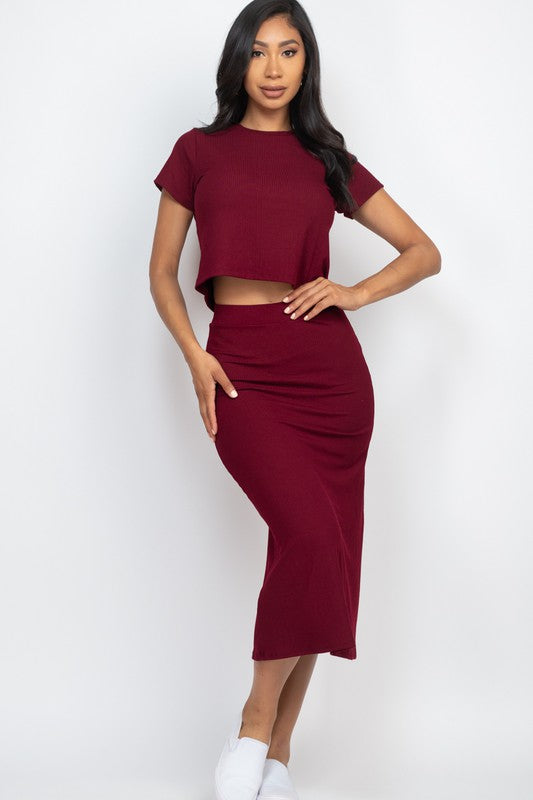 Kaitlyn - Ribbed Solid Top & Midi Skirt Set