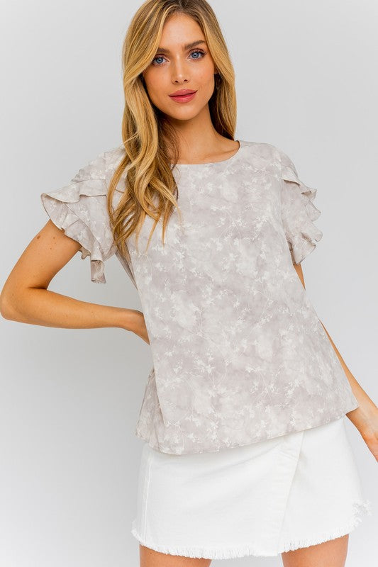 Florence - Overlap Ruffle Sleeve Ditsy Print Top