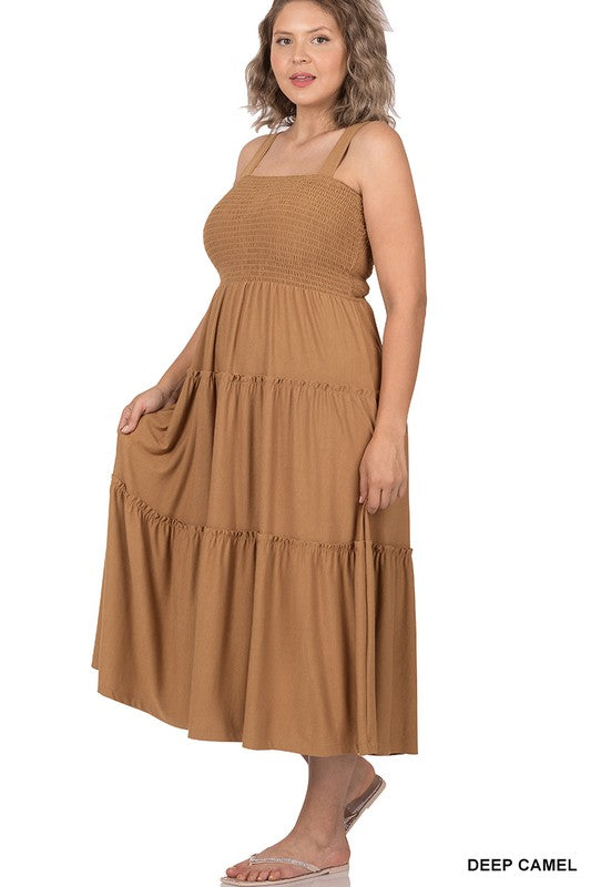 Melanie - Plus Sized Smocked Tiered Midi Dress