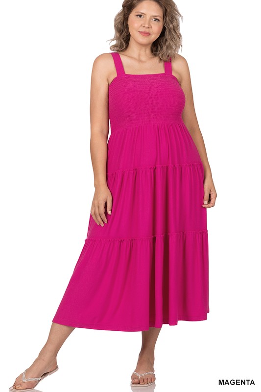 Melanie - Plus Sized Smocked Tiered Midi Dress