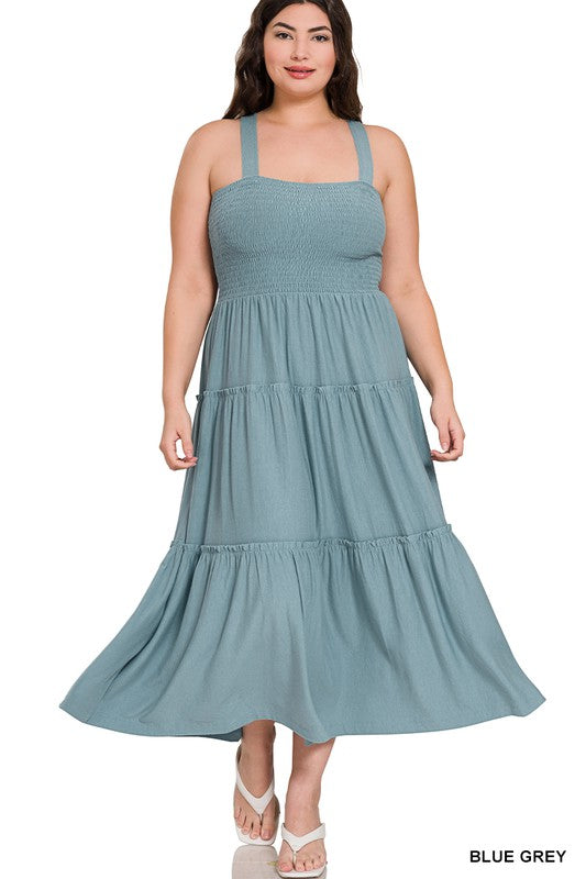 Melanie - Plus Sized Smocked Tiered Midi Dress