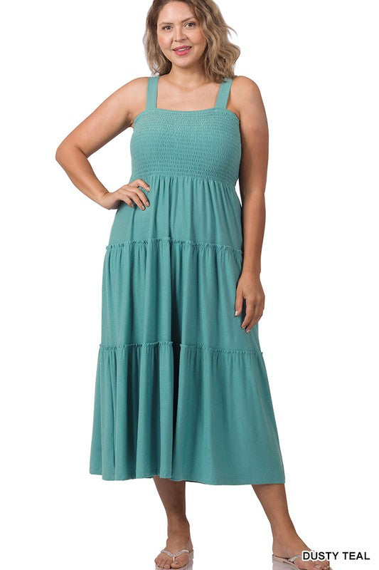 Melanie - Plus Sized Smocked Tiered Midi Dress