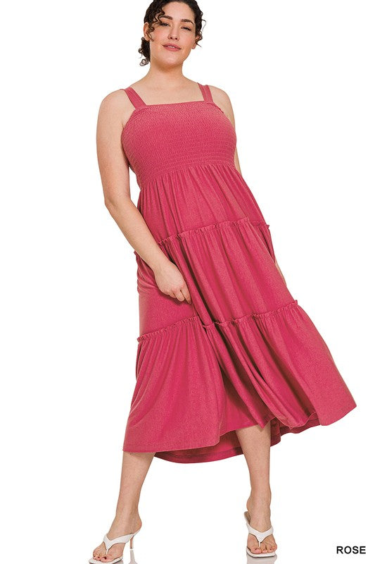 Melanie - Plus Sized Smocked Tiered Midi Dress