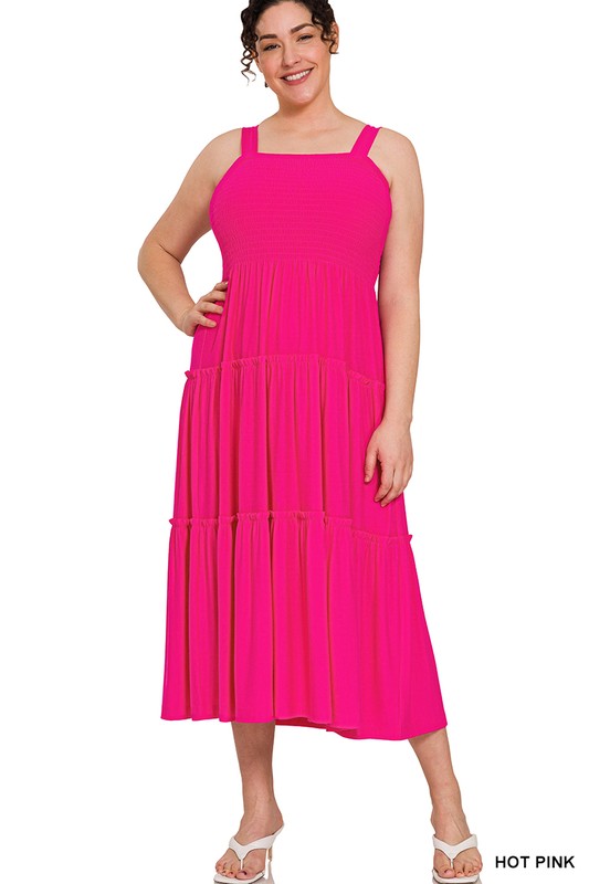 Melanie - Plus Sized Smocked Tiered Midi Dress