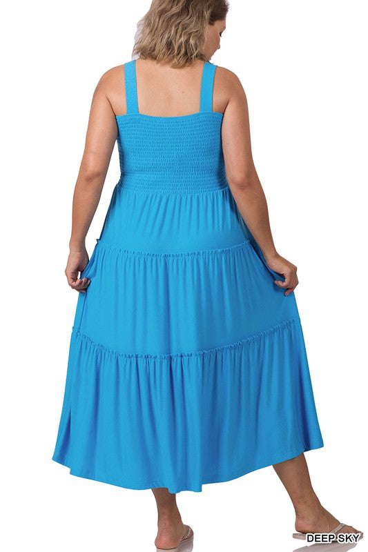 Melanie - Plus Sized Smocked Tiered Midi Dress