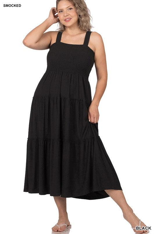 Melanie - Plus Sized Smocked Tiered Midi Dress