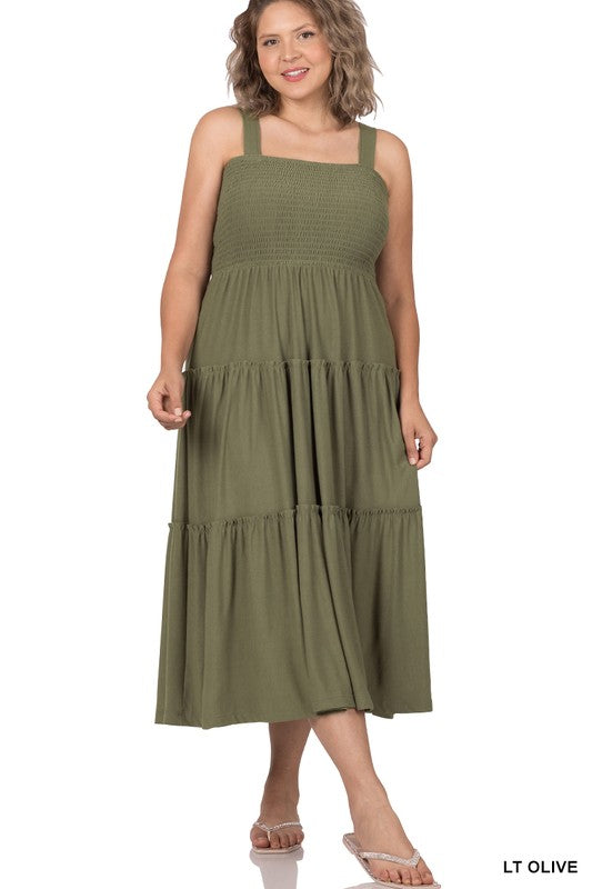 Melanie - Plus Sized Smocked Tiered Midi Dress