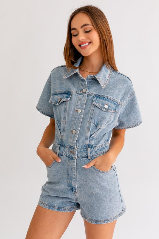 Brittany - Short Sleeve Denim Romper