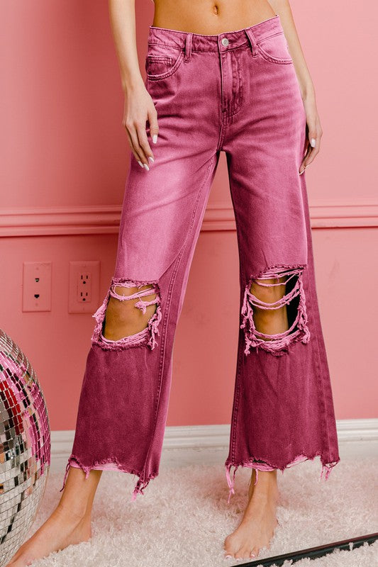 Brea - Distressed Vintage Washed Wide Leg Pants