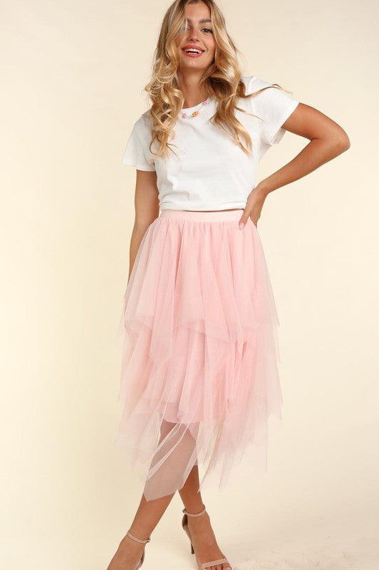 Bella - Plus-Sized Asymmetrical Tiered Tulle Midi Skirt with Lining