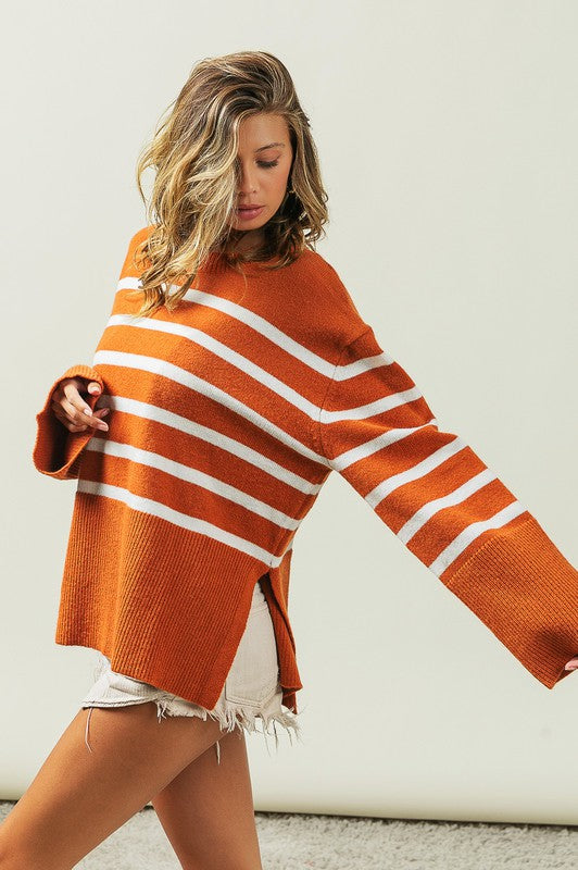 Elise - Ribbed Hem Stripe Sweater