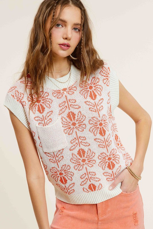 Mia - Flower Pattern Sleeveless Sweater Top