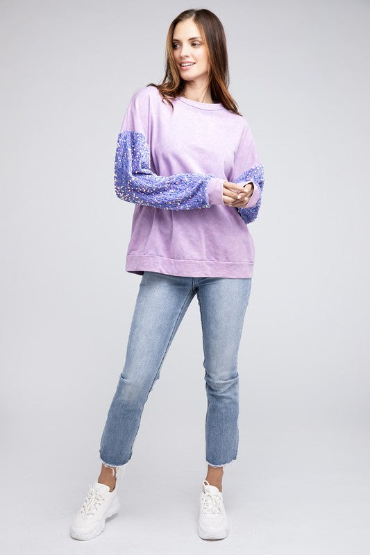 Callie - Velvet Sequin Sleeve Mineral Washed Top