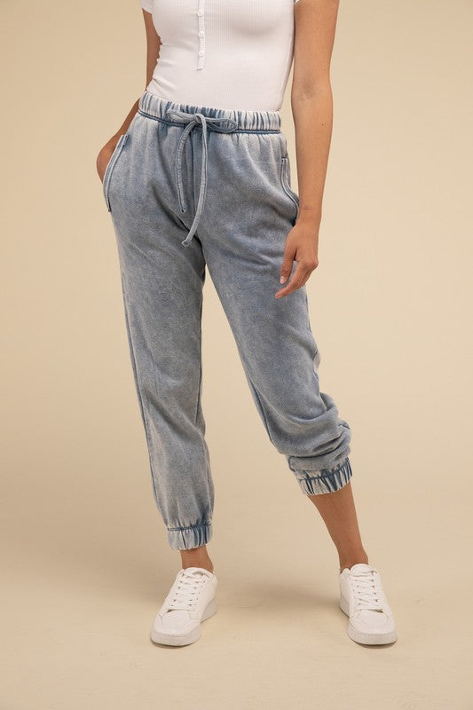 Halle - Acid Wash Fleece Sweatpants with Pockets