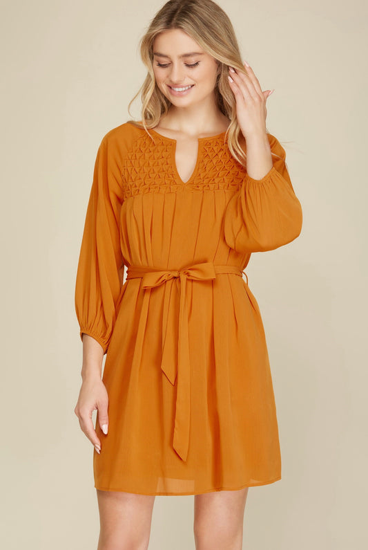 Quinn - Orange 3/4 Sleeve Dress with Belt