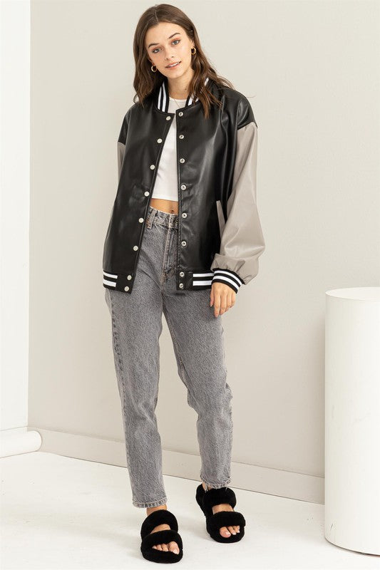 Becky - PU Colorblock Baseball Jacket