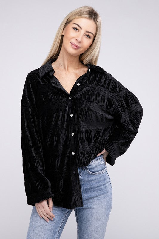 Isabel - Wrinkle Effect Tiered Shirring Velvet Shirt