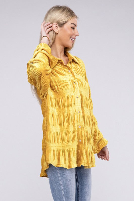 Isabel - Wrinkle Effect Tiered Shirring Velvet Shirt