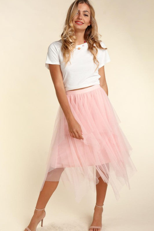 Bella - Asymmetrical Tiered Tulle Midi Skirt with Lining
