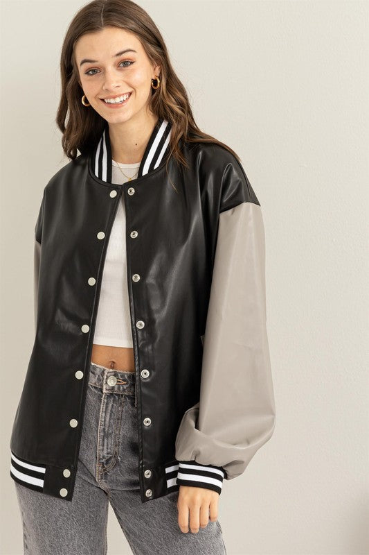 Becky - PU Colorblock Baseball Jacket