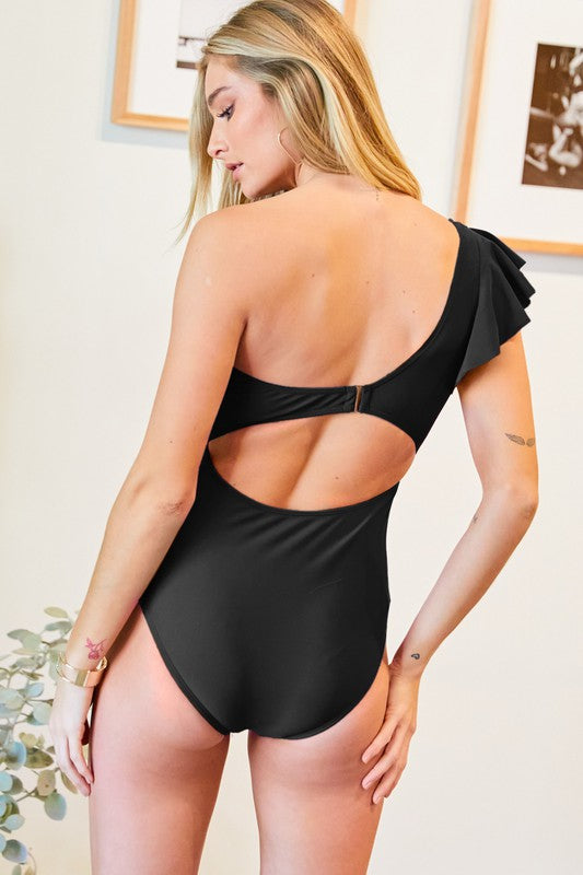 Jacqueline - Solid One Shoulder One Piece Swimsuit