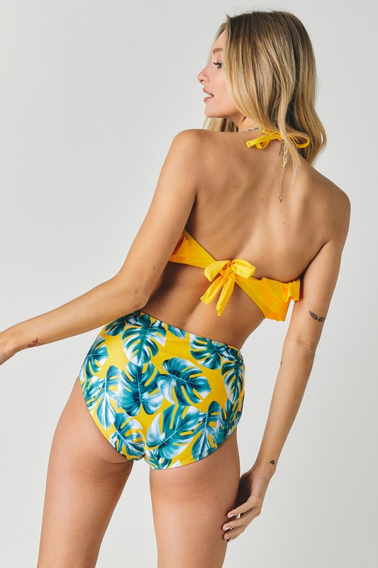 Brinley - Solid Ruffle Top And Printed Bottom Swimsuit