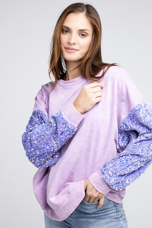 Callie - Velvet Sequin Sleeve Mineral Washed Top