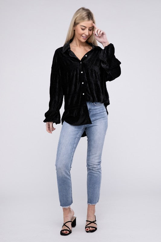 Isabel - Wrinkle Effect Tiered Shirring Velvet Shirt