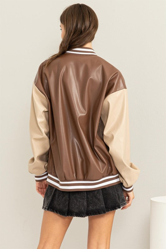 Becky - PU Colorblock Baseball Jacket