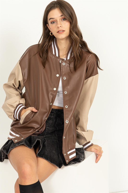 Becky - PU Colorblock Baseball Jacket