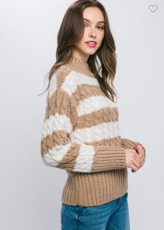 Chelsea - Khaki Striped Cable Knit Sweater