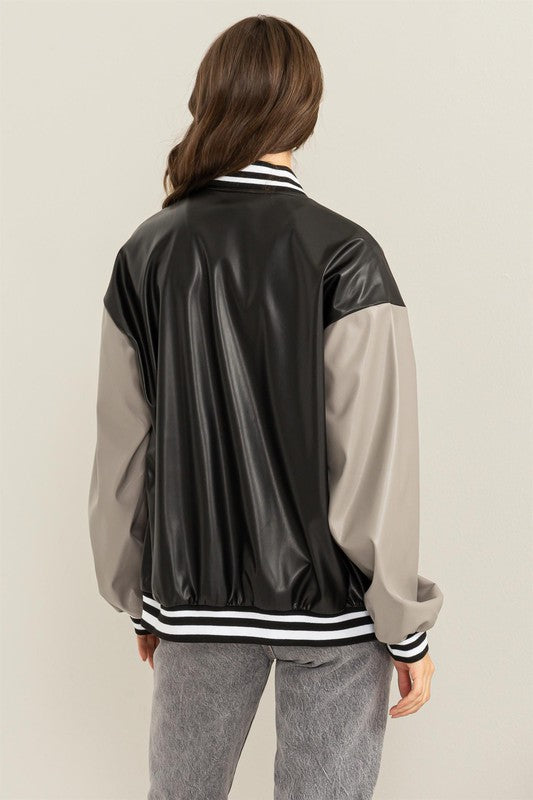 Becky - PU Colorblock Baseball Jacket