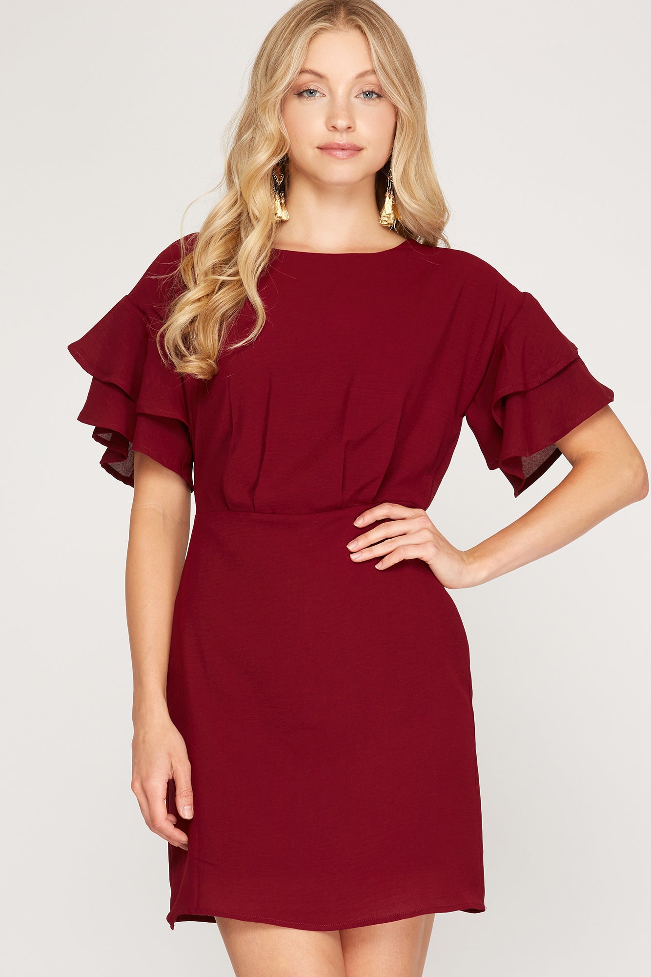 Holly - Cranberry Ruffle Sleeve Dress