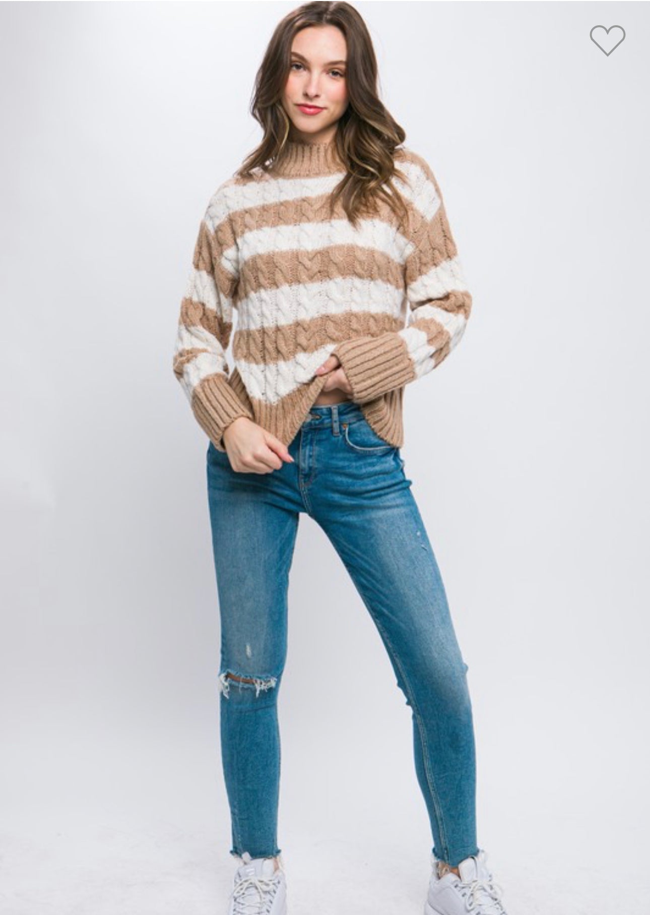 Chelsea - Khaki Striped Cable Knit Sweater