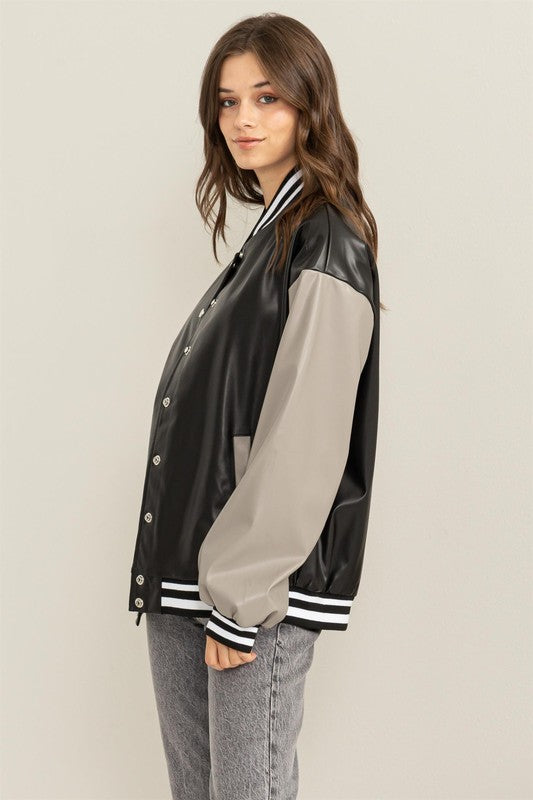 Becky - PU Colorblock Baseball Jacket