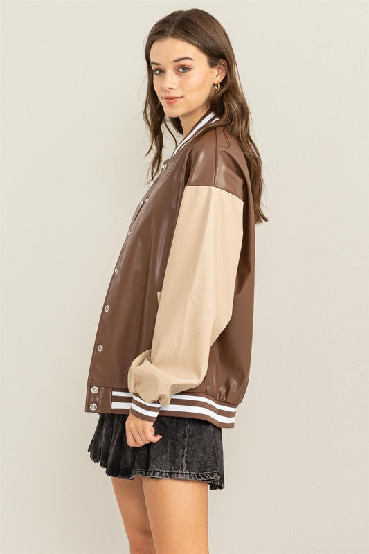 Becky - PU Colorblock Baseball Jacket