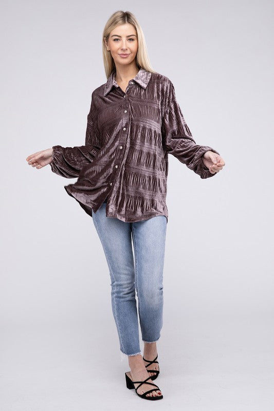 Isabel - Wrinkle Effect Tiered Shirring Velvet Shirt