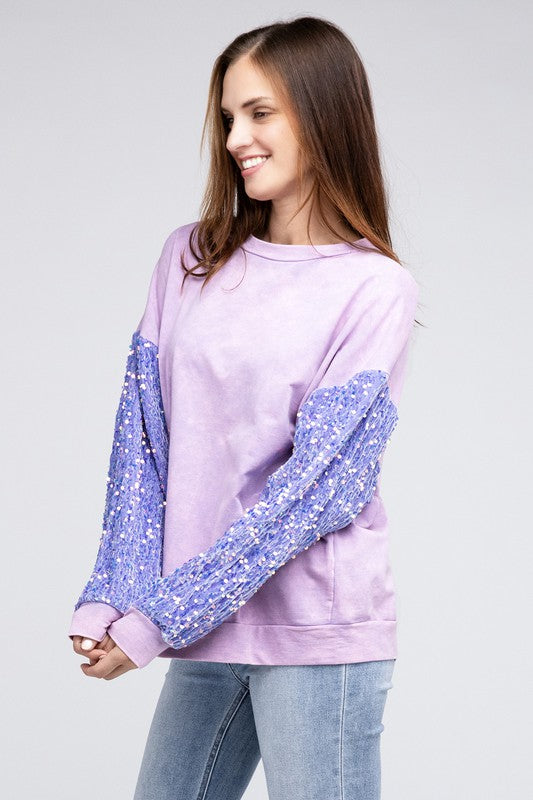 Callie - Velvet Sequin Sleeve Mineral Washed Top