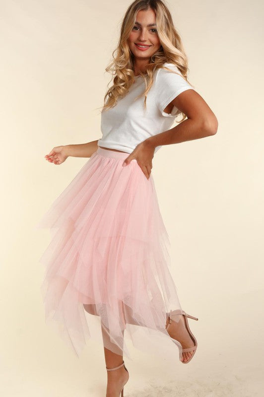 Bella - Plus-Sized Asymmetrical Tiered Tulle Midi Skirt with Lining